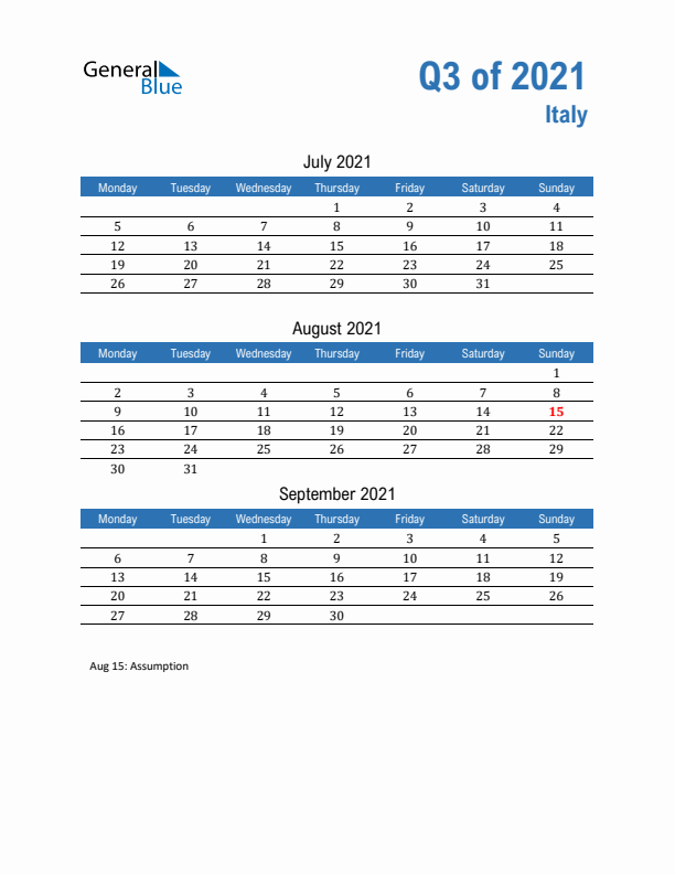 Italy Q3 2021 Quarterly Calendar with Monday Start