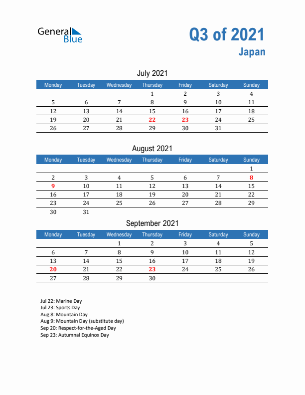 Japan Q3 2021 Quarterly Calendar with Monday Start