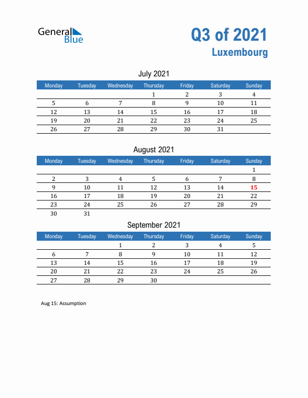 Luxembourg Q3 2021 Quarterly Calendar with Monday Start