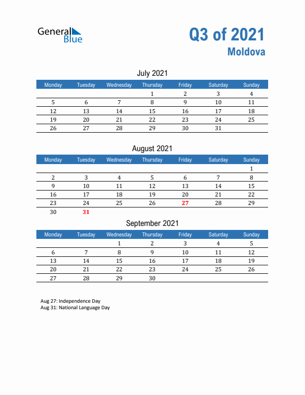 Moldova Q3 2021 Quarterly Calendar with Monday Start