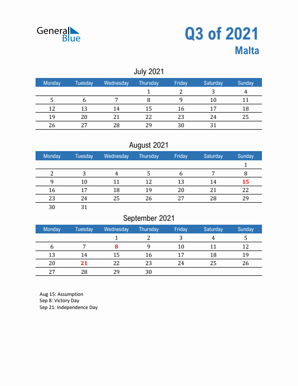 Malta Q3 2021 Quarterly Calendar with Monday Start