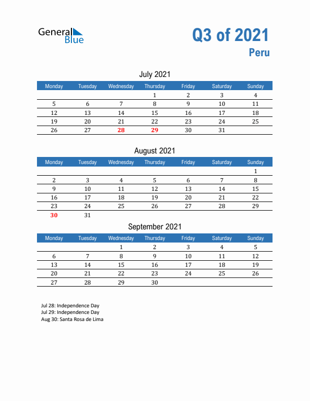 Peru Q3 2021 Quarterly Calendar with Monday Start