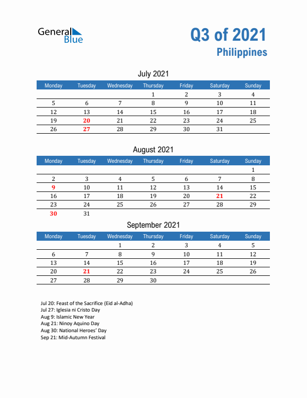 Philippines Q3 2021 Quarterly Calendar with Monday Start