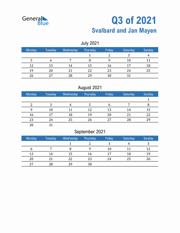 Svalbard and Jan Mayen Q3 2021 Quarterly Calendar with Monday Start