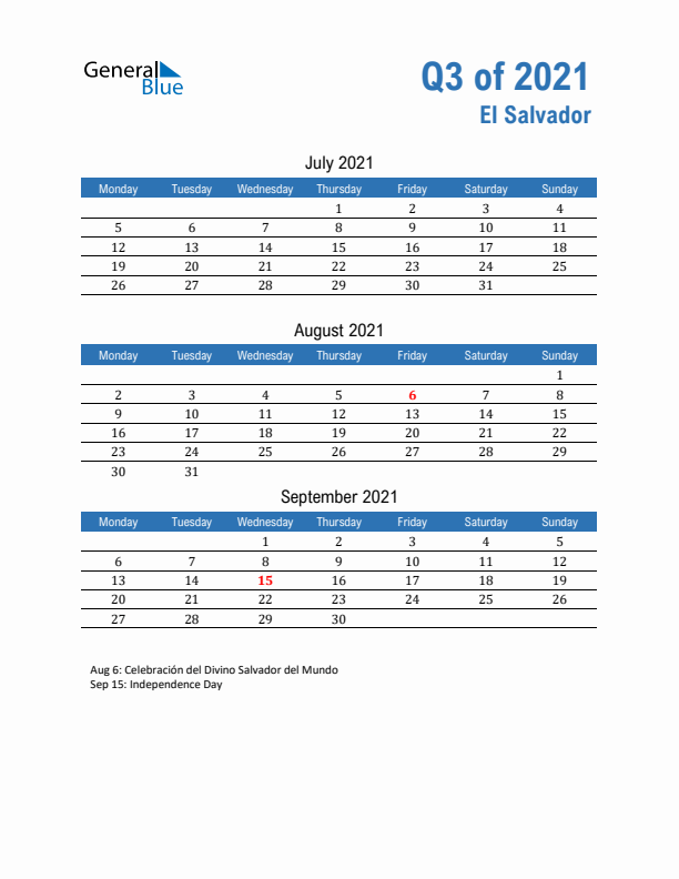 El Salvador Q3 2021 Quarterly Calendar with Monday Start