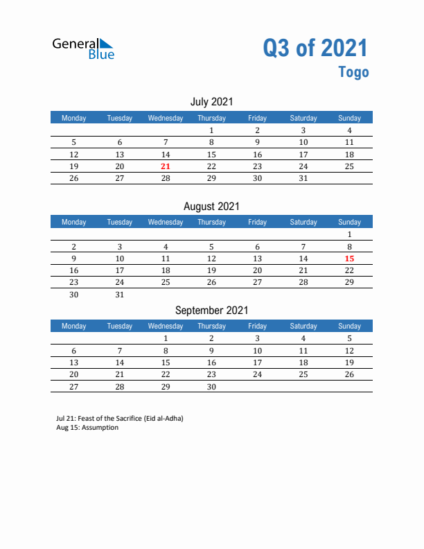 Togo Q3 2021 Quarterly Calendar with Monday Start