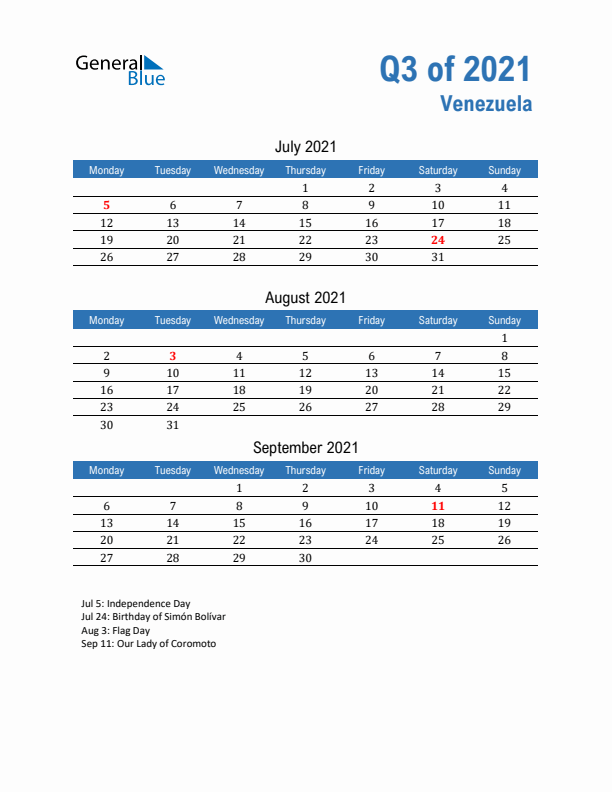 Venezuela Q3 2021 Quarterly Calendar with Monday Start