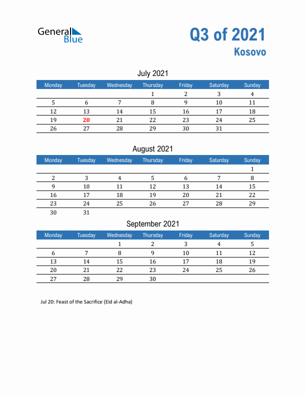 Kosovo Q3 2021 Quarterly Calendar with Monday Start