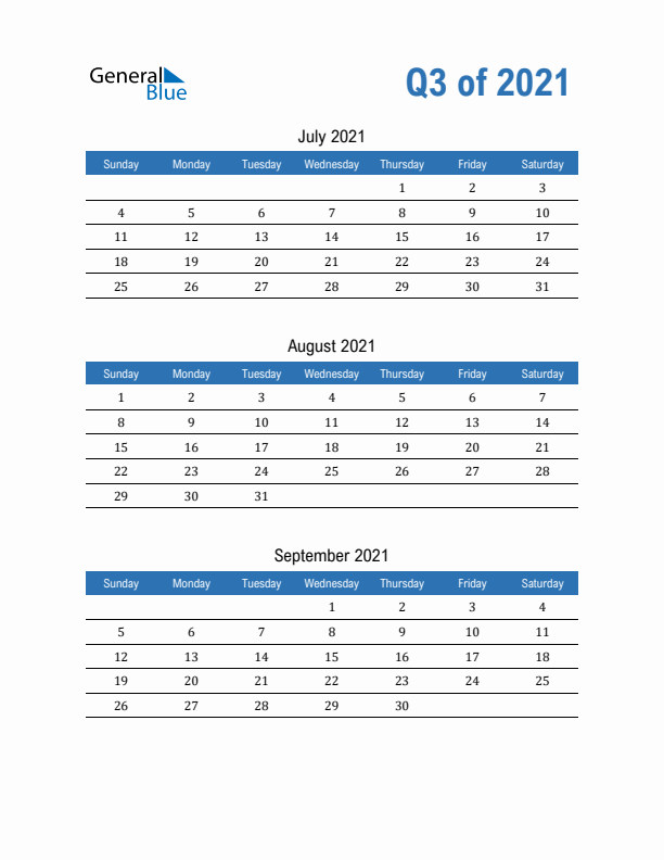 Fillable Quarterly Calendar for Q3 2021