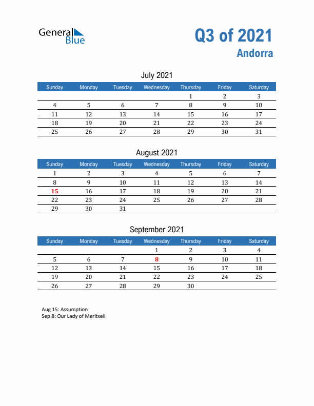 Andorra Q3 2021 Quarterly Calendar with Sunday Start