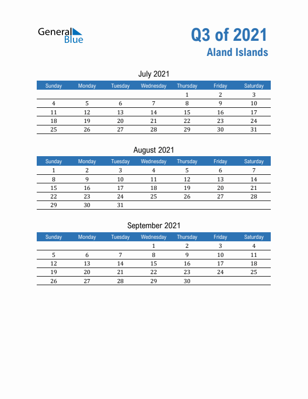 Aland Islands Q3 2021 Quarterly Calendar with Sunday Start