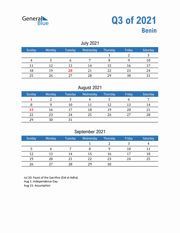 Benin Q3 2021 Quarterly Calendar with Sunday Start