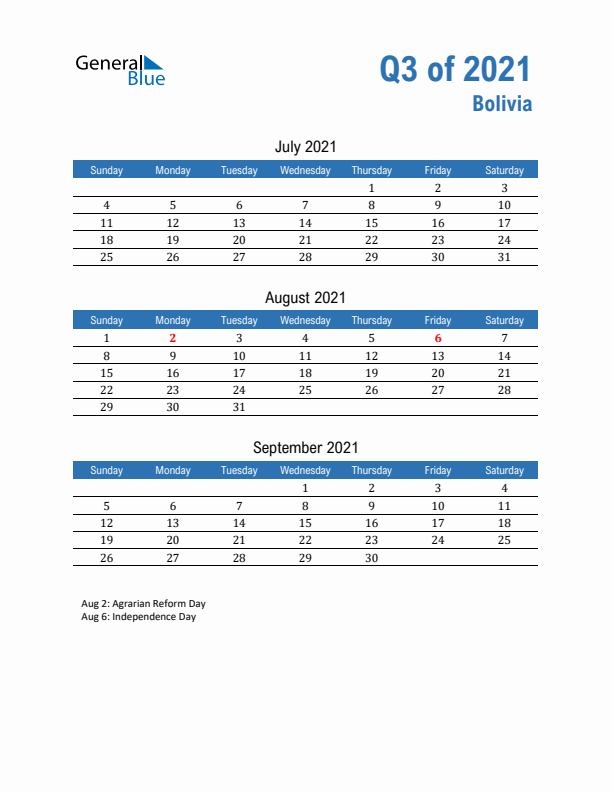 Bolivia Q3 2021 Quarterly Calendar with Sunday Start