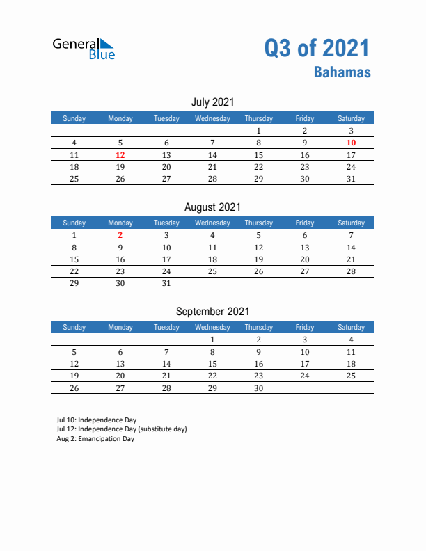 Bahamas Q3 2021 Quarterly Calendar with Sunday Start