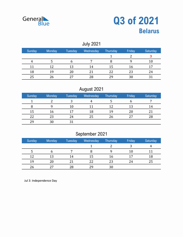 Belarus Q3 2021 Quarterly Calendar with Sunday Start