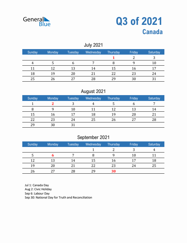 Canada Q3 2021 Quarterly Calendar with Sunday Start