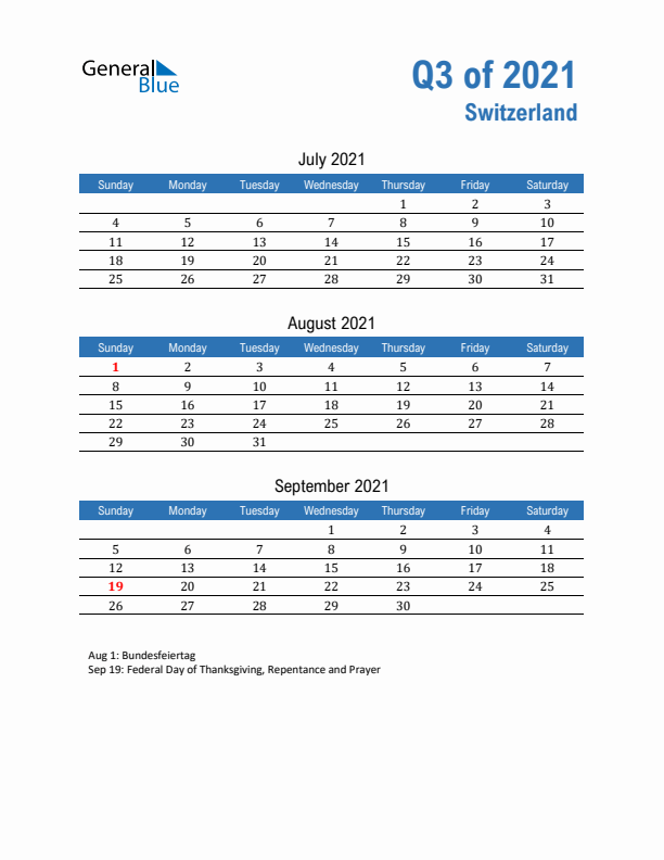 Switzerland Q3 2021 Quarterly Calendar with Sunday Start