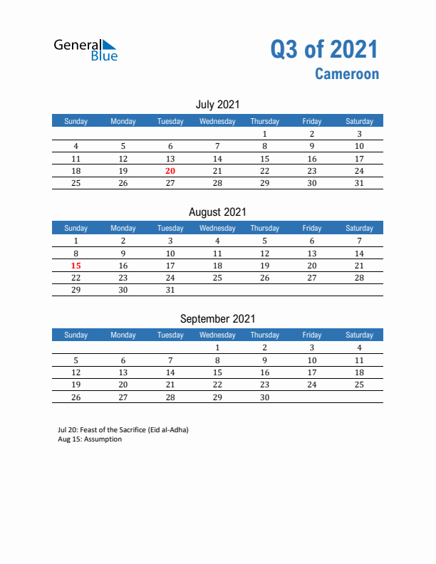 Cameroon Q3 2021 Quarterly Calendar with Sunday Start