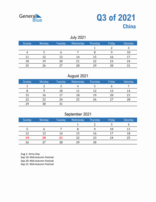 China Q3 2021 Quarterly Calendar with Sunday Start