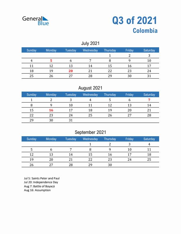 Colombia Q3 2021 Quarterly Calendar with Sunday Start