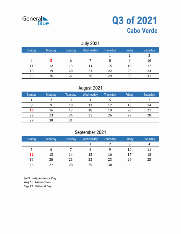 Cabo Verde Q3 2021 Quarterly Calendar with Sunday Start