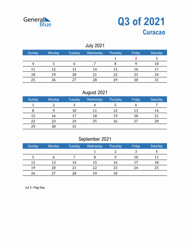 Curacao Q3 2021 Quarterly Calendar with Sunday Start