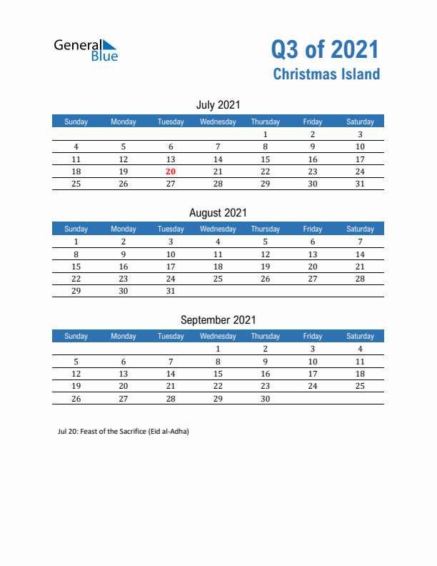 Christmas Island Q3 2021 Quarterly Calendar with Sunday Start