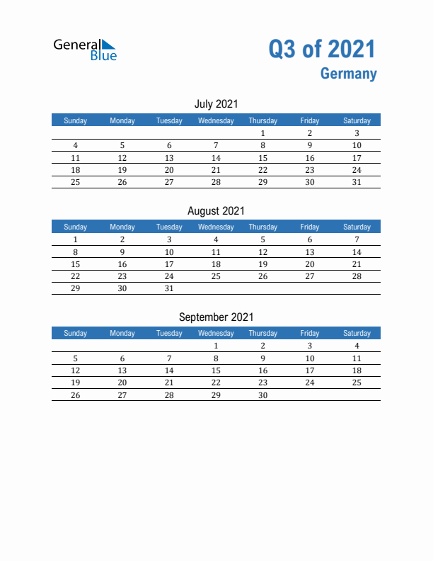 Germany Q3 2021 Quarterly Calendar with Sunday Start