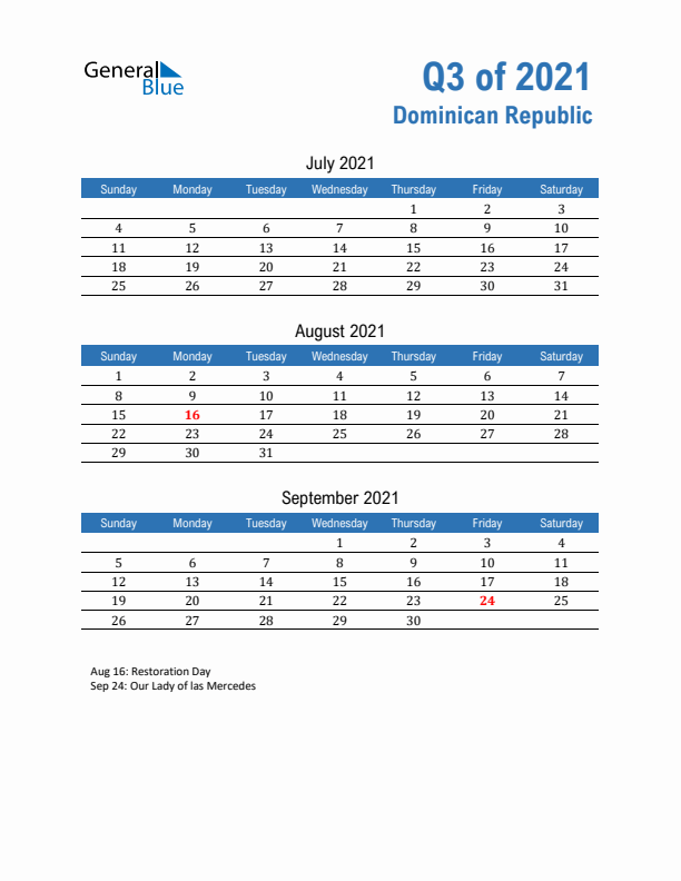 Dominican Republic Q3 2021 Quarterly Calendar with Sunday Start