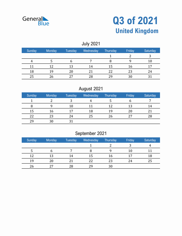 United Kingdom Q3 2021 Quarterly Calendar with Sunday Start