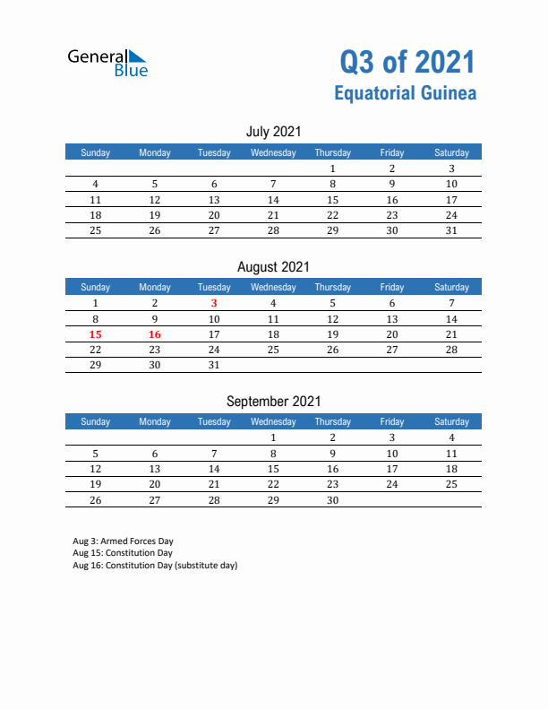 Equatorial Guinea Q3 2021 Quarterly Calendar with Sunday Start