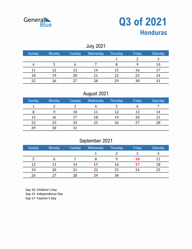 Honduras Q3 2021 Quarterly Calendar with Sunday Start