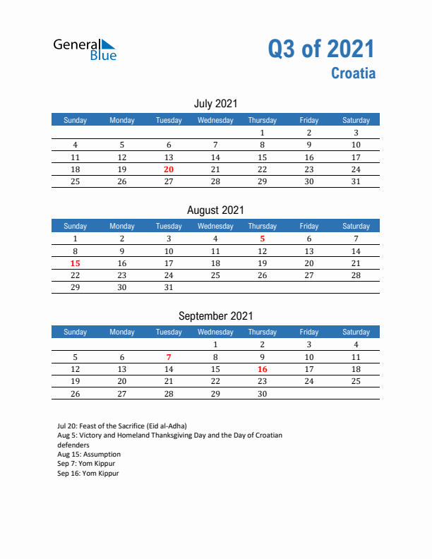 Croatia Q3 2021 Quarterly Calendar with Sunday Start