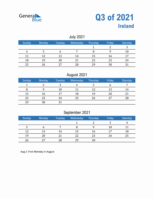 Ireland Q3 2021 Quarterly Calendar with Sunday Start