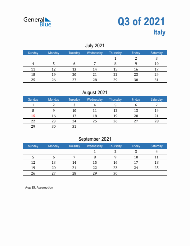 Italy Q3 2021 Quarterly Calendar with Sunday Start