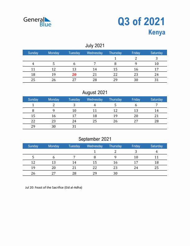 Kenya Q3 2021 Quarterly Calendar with Sunday Start