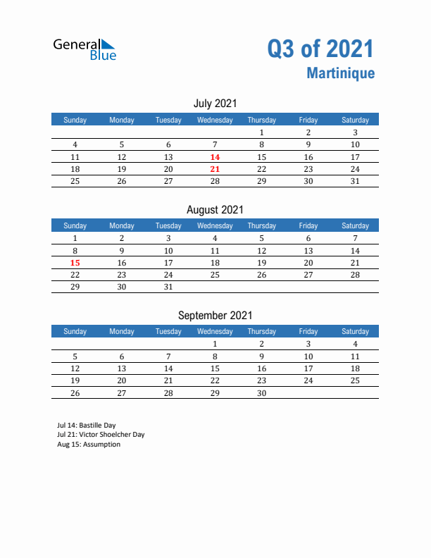 Martinique Q3 2021 Quarterly Calendar with Sunday Start