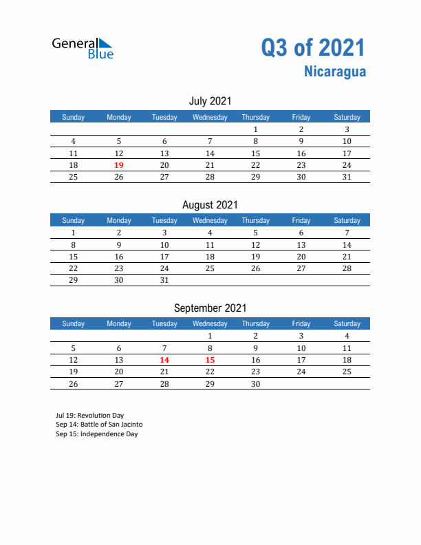 Nicaragua Q3 2021 Quarterly Calendar with Sunday Start