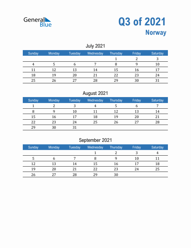 Norway Q3 2021 Quarterly Calendar with Sunday Start