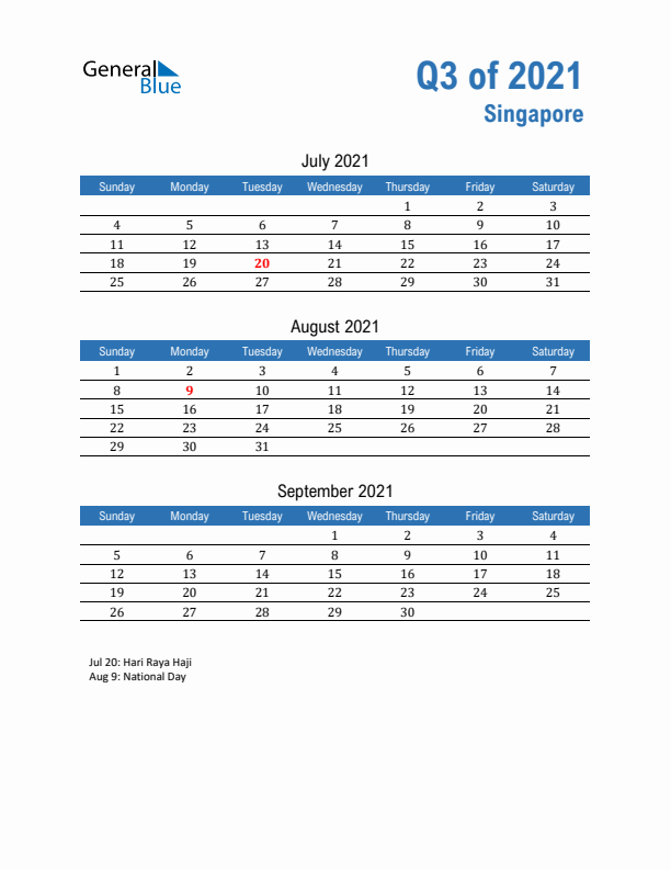 Singapore Q3 2021 Quarterly Calendar with Sunday Start