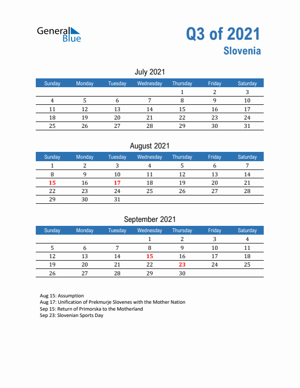 Slovenia Q3 2021 Quarterly Calendar with Sunday Start