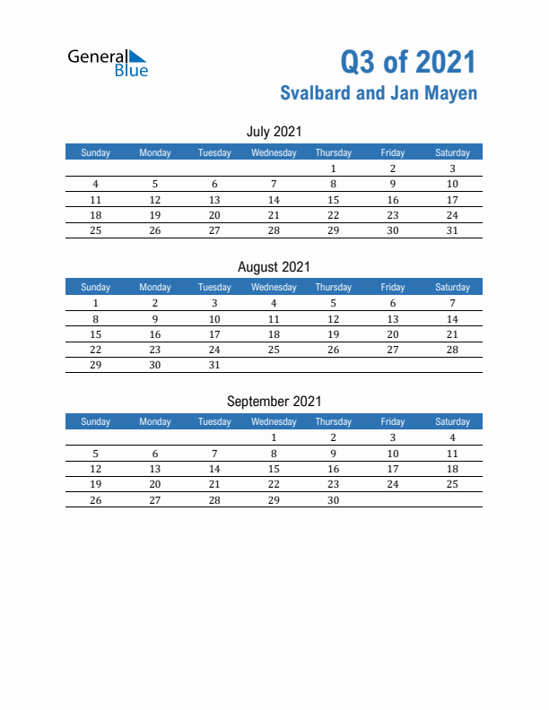 Svalbard and Jan Mayen Q3 2021 Quarterly Calendar with Sunday Start