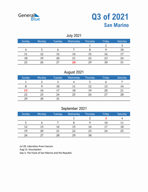 San Marino Q3 2021 Quarterly Calendar with Sunday Start