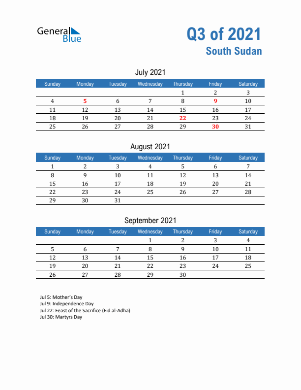 South Sudan Q3 2021 Quarterly Calendar with Sunday Start