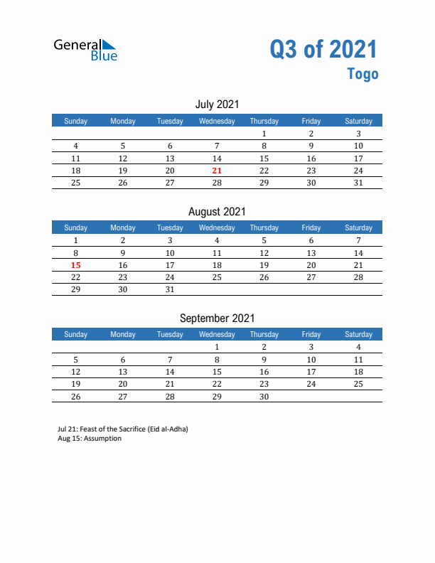 Togo Q3 2021 Quarterly Calendar with Sunday Start