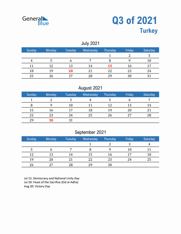 Turkey Q3 2021 Quarterly Calendar with Sunday Start