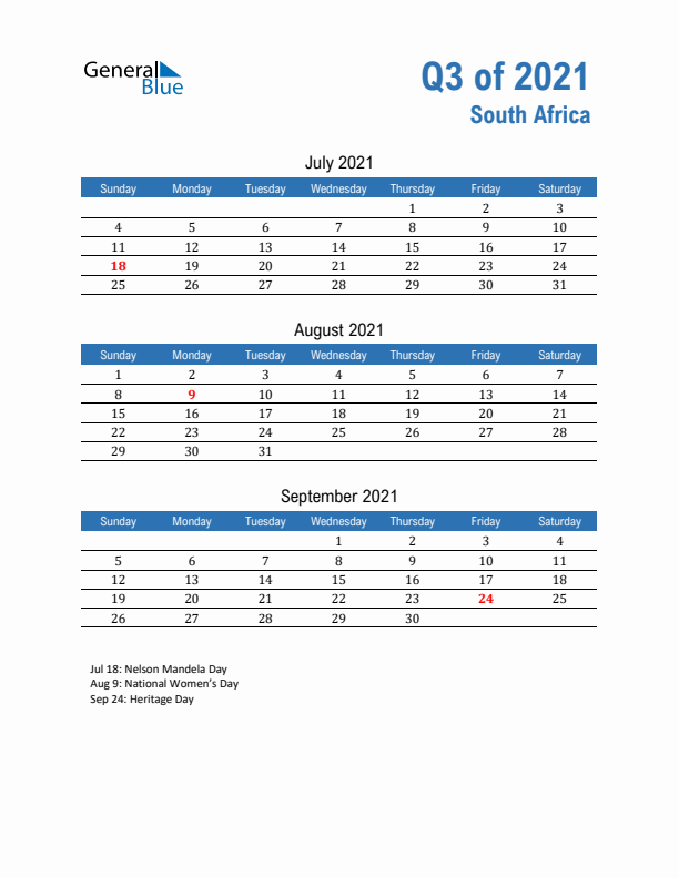 South Africa Q3 2021 Quarterly Calendar with Sunday Start