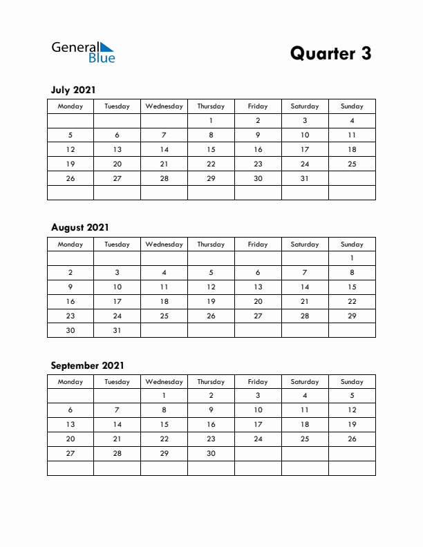 Quarter 3 2021 Calendar - Monday Start