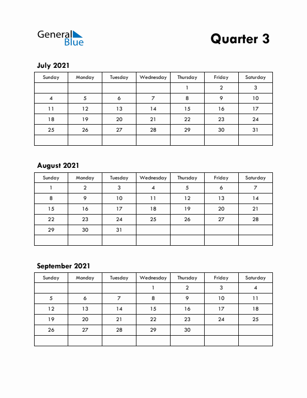 Quarter 3 2021 Calendar - Sunday Start