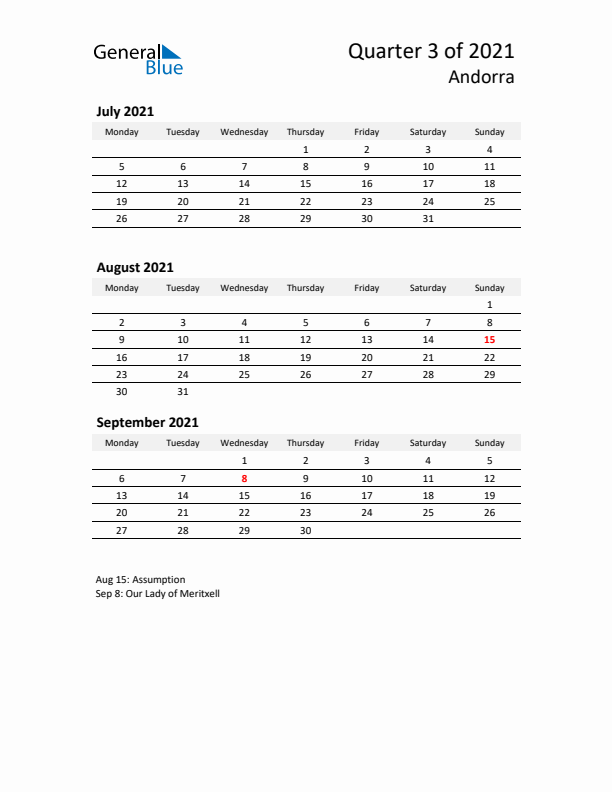 2021 Q3 Three-Month Calendar for Andorra